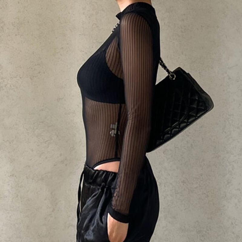 Epoch - Lange mouwen, effen mesh body top met nephals