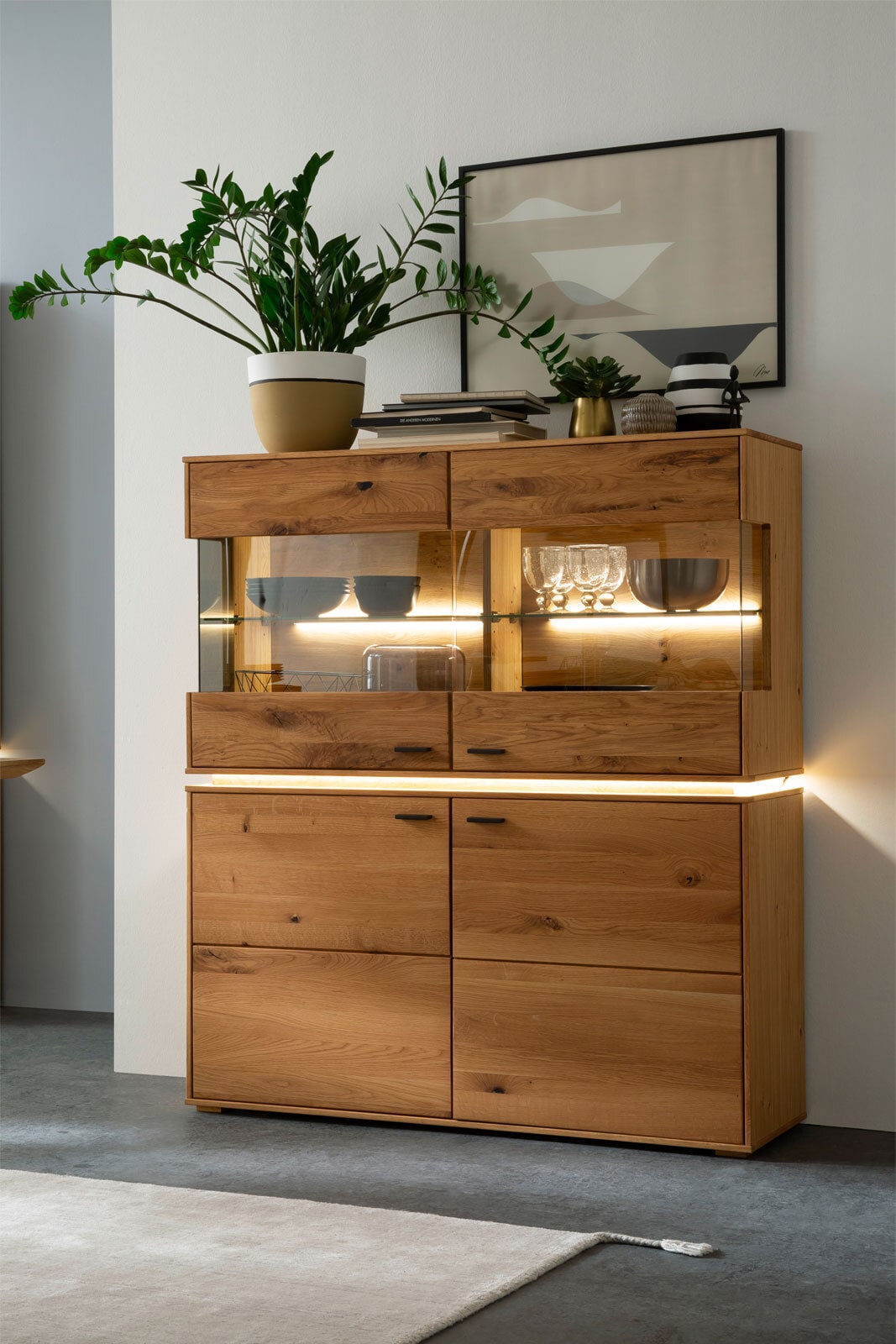 Highboard COMO 123 x 137 cm Wildeiche / Glas