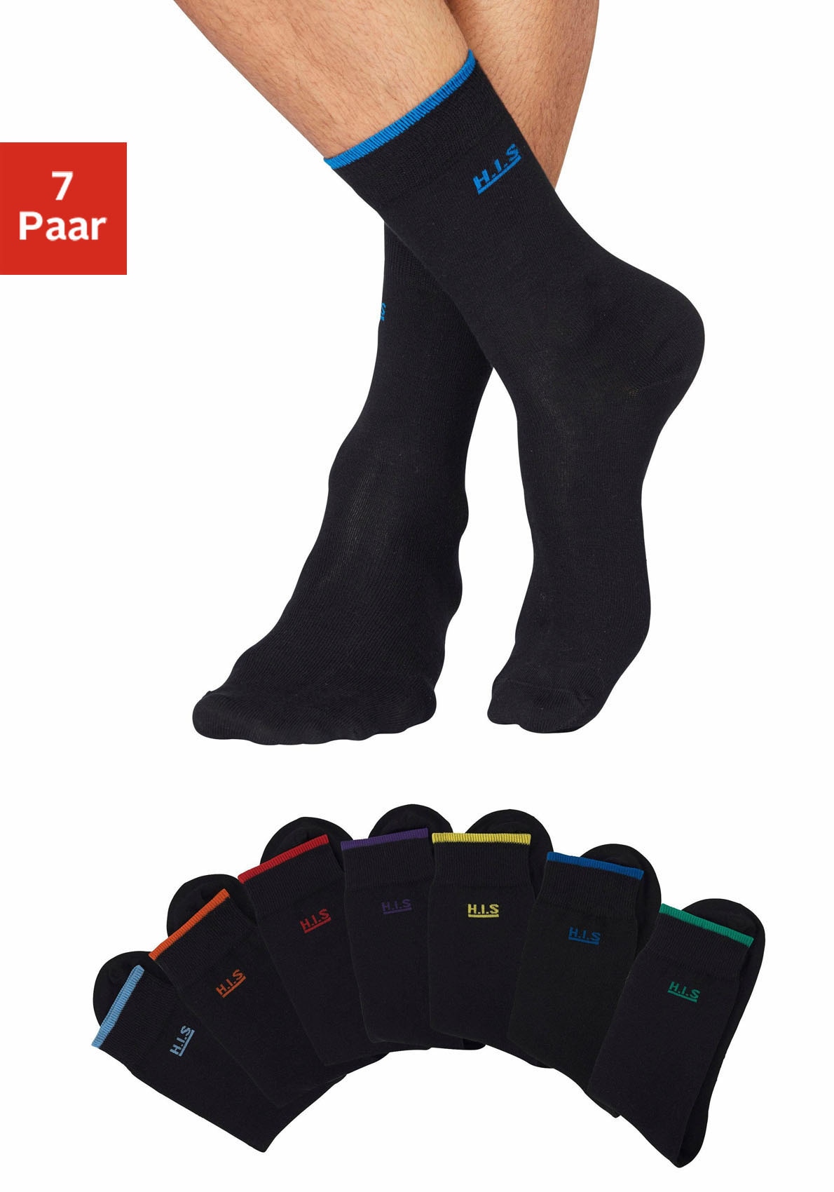 H.I.S Socken Packung, 7 Stk. tlg. mit farbigen Bündchen