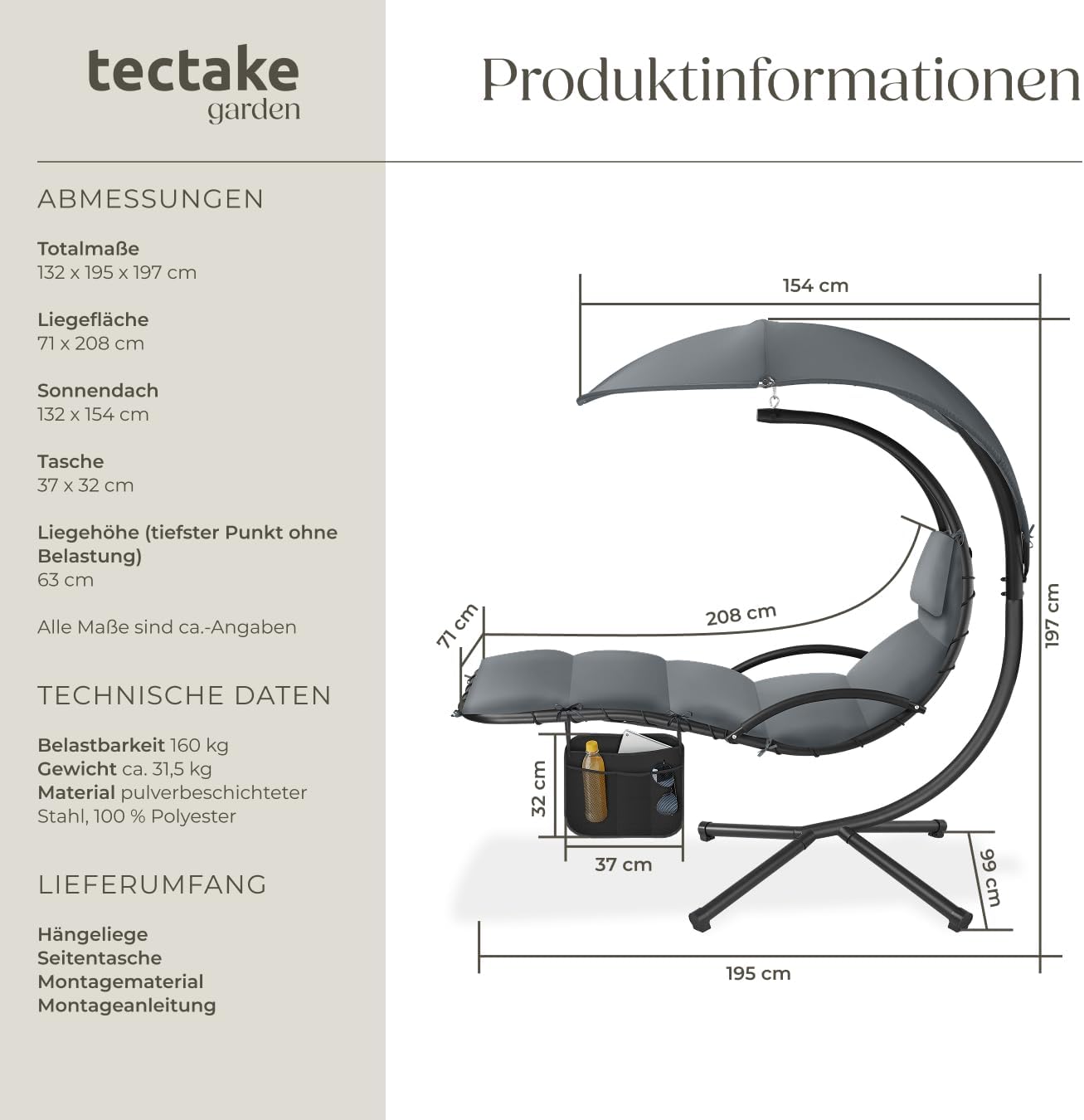 tectake® Hängeliege mit Gestell, Schwebeliege, Schwingliege mit Sonnendach, Schaukelliege, Hängesessel inkl. Tasche, Polsterauflage mit Kopfkissen, für Garten, Terrasse und Balkon - grau