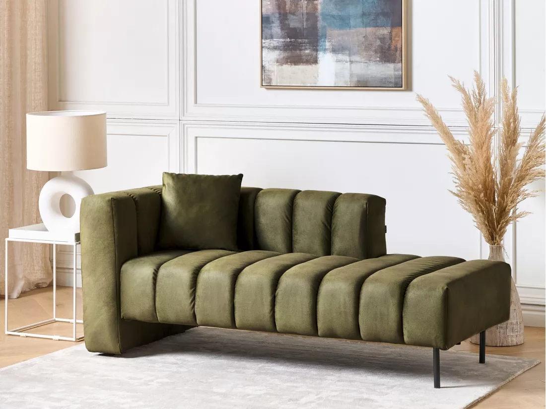 Chaise longue côté droite en velours vert olive LANNILS