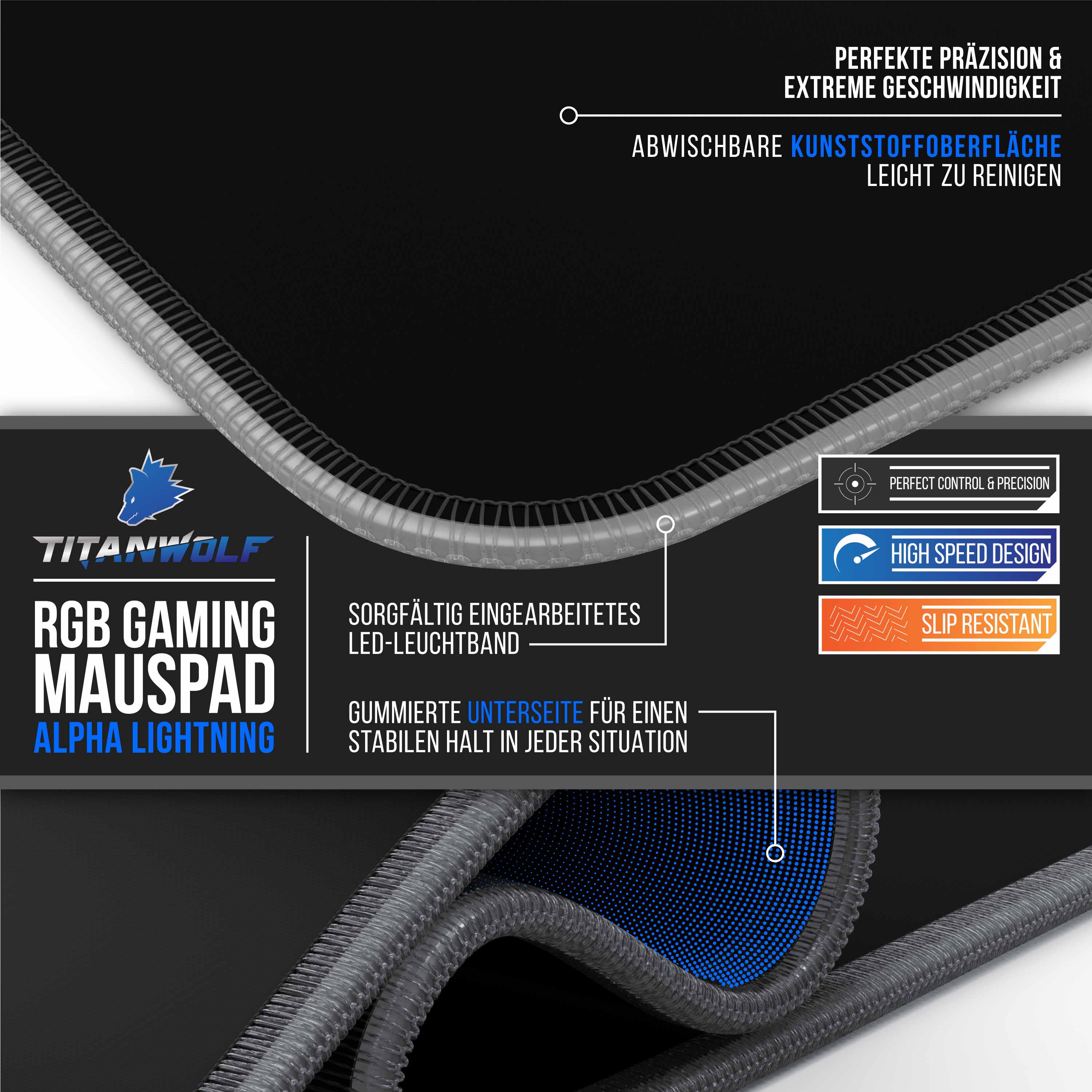Titanwolf RGB Gaming Mauspad, Mousepad XL 800 x 300mm verbessert Präzision & Geschwindigkeit, black