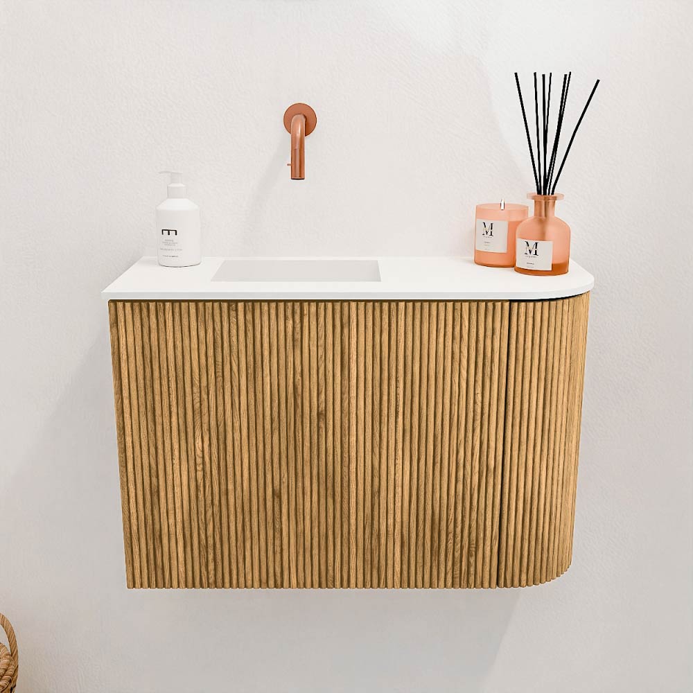Mondiaz Joya 60cm toiletmeubel ronding rechts oak met wastafel faye links zonder kraangat talc