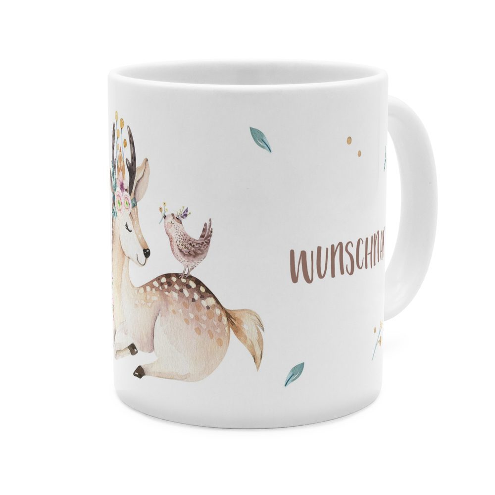 Personalisierte Panorama-Tasse, weiß (Motiv: Reh)