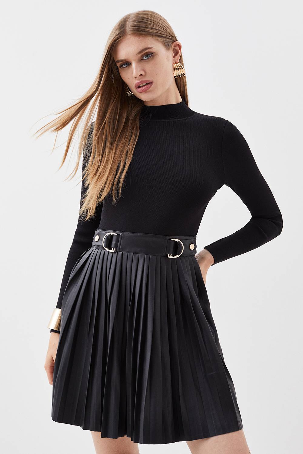 KarenMillen Robe Patineuse Tricotée Longue avec Détails en synthétiquecuir