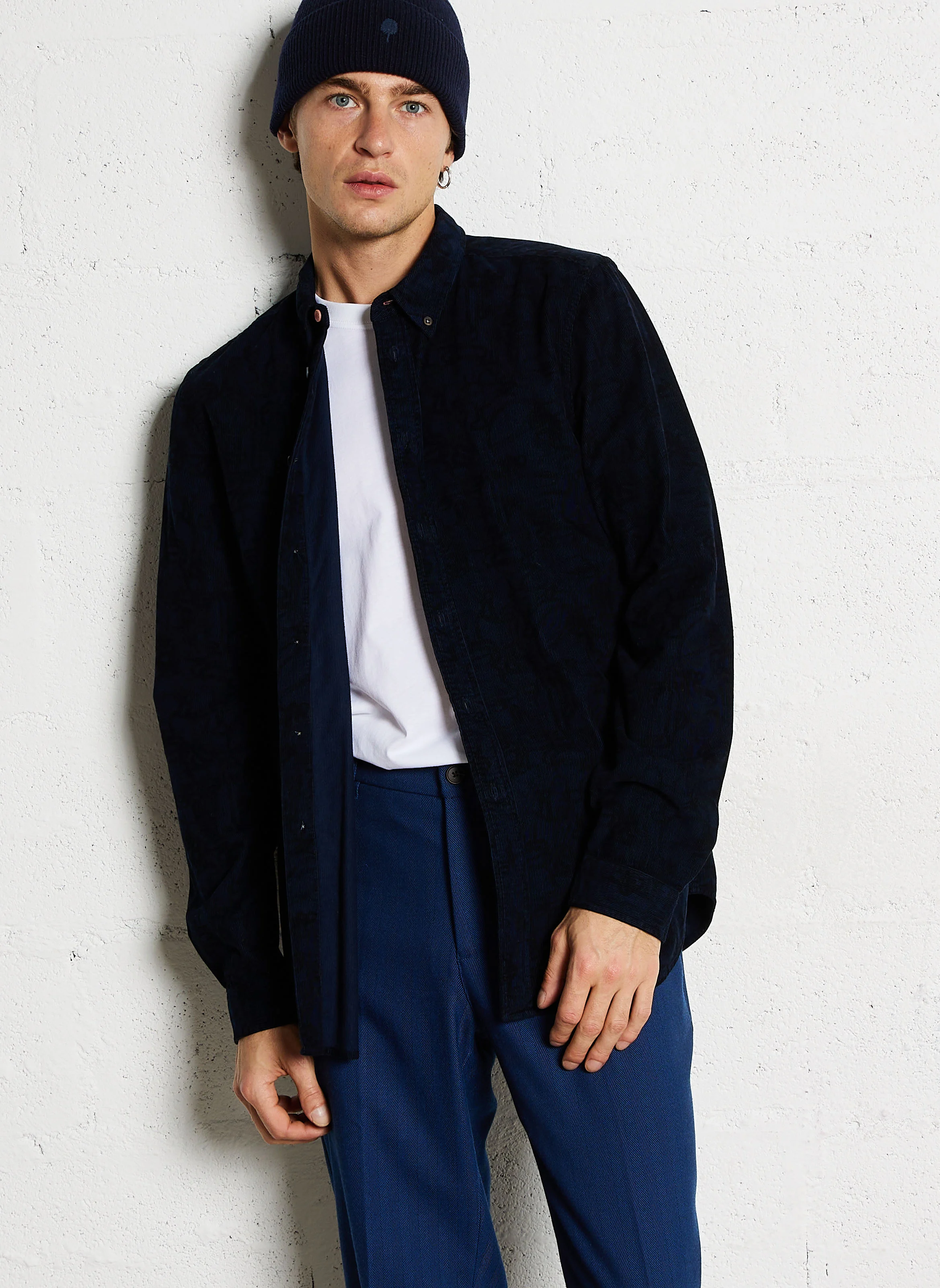 Chemise col classique en velours côtelé | Bleu
