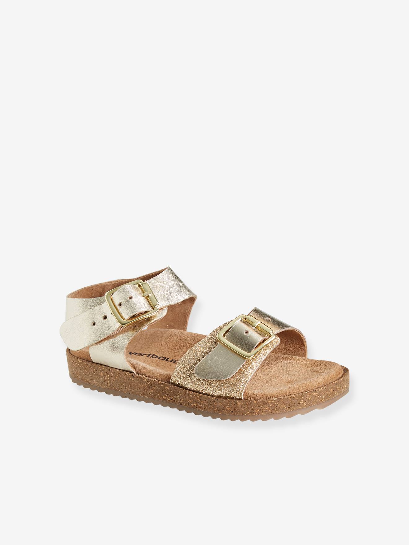 Sandálias acolchoadas de couro para meninas, verde médio, lisas