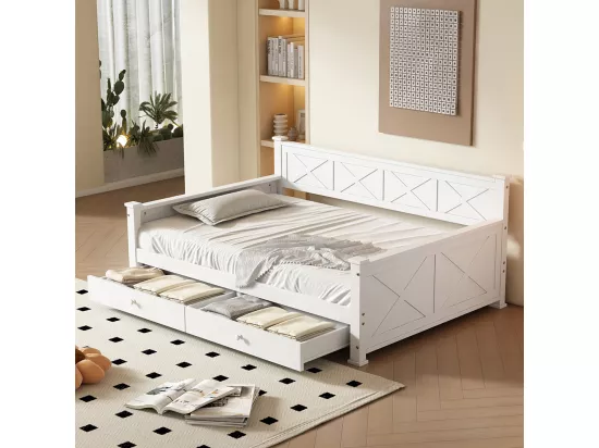 Lit simple, 90x200cm, Lit avec sommier à lattes (sans matelas), 2 tiroirs, Style minimaliste, Pin, Lit en bois, Blanc