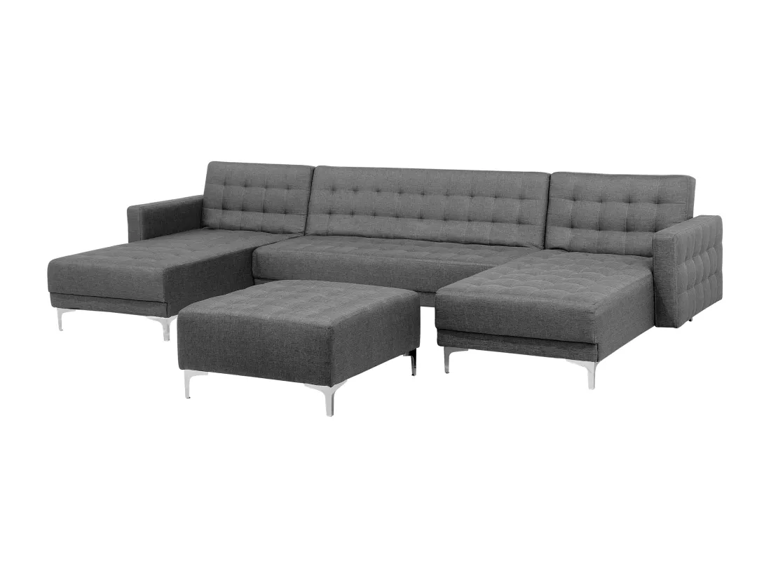 Canapé panoramique convertible en tissu gris clair 5 places avec pouf ABERDEEN