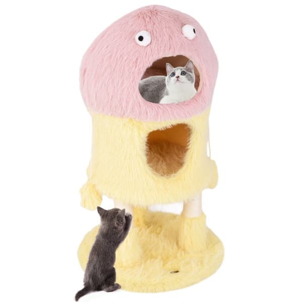 Liten skrapestolpe 93cm høy monstertema kattetre med 2 kattehuler rosa + gul