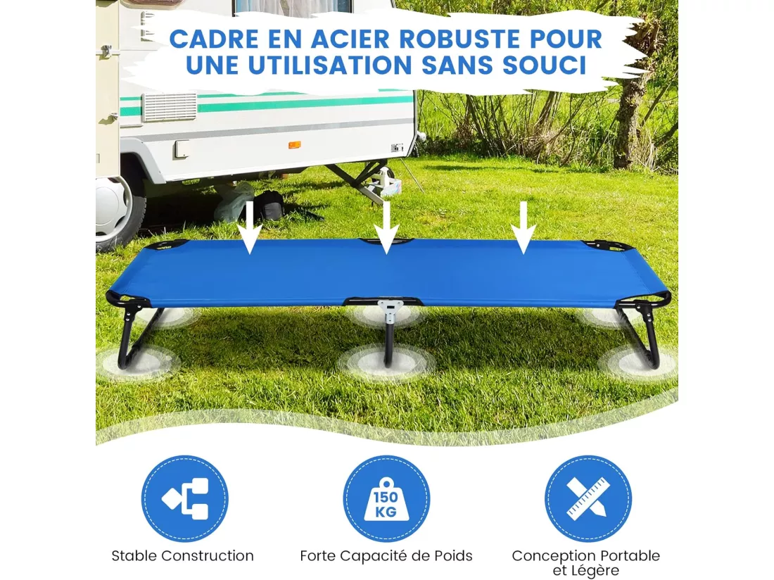 Bain de soleil Lit de Camp Pliable en Tissu et velours Oxford avec Tubes Métalliques Épaissis, Compatible Sac de Couchage, 190x56x30 cm, Bleu, 150kg