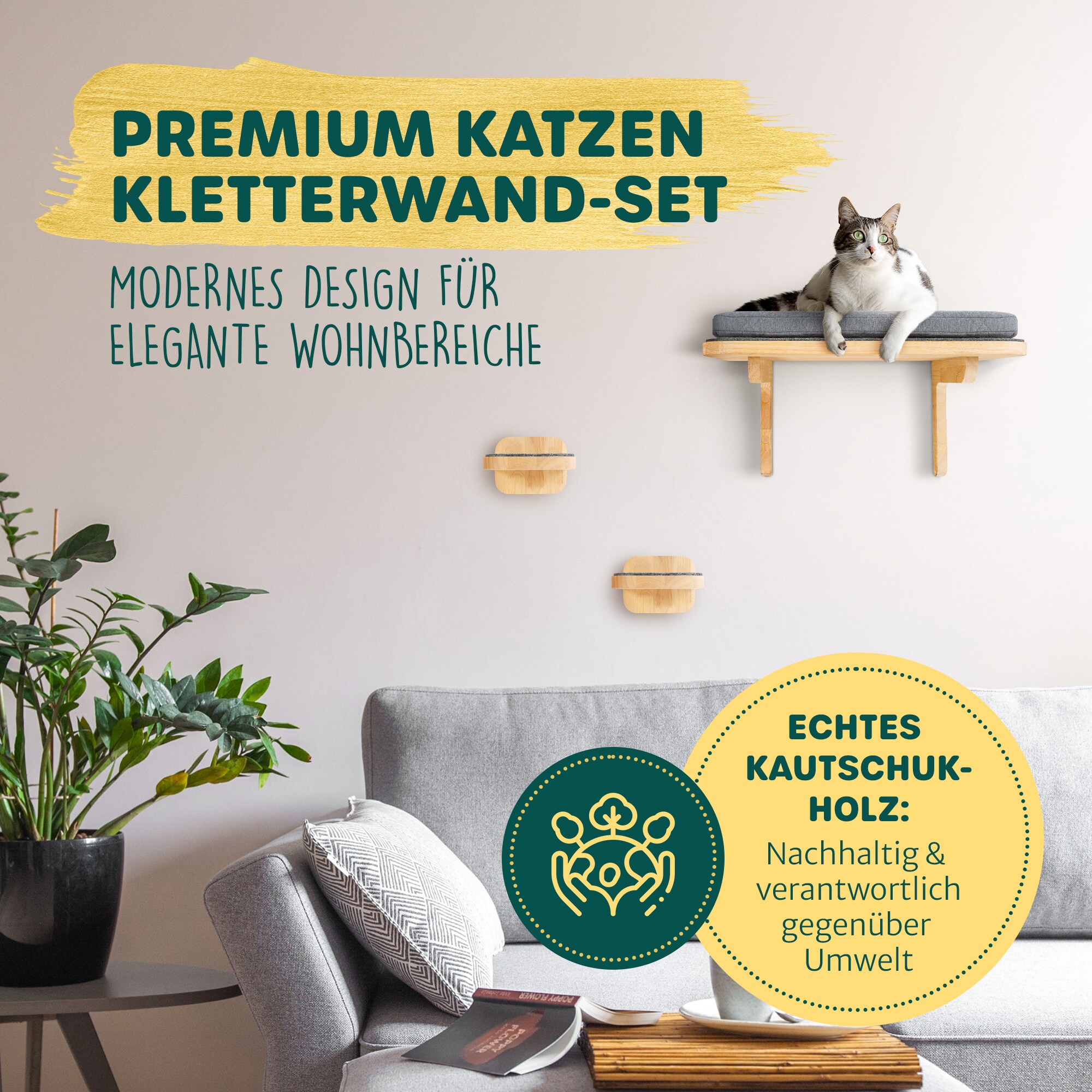 HAPPYPET Katzen Kletterwand Set 3-teilig für große Katzen– Wandkratzbaum mit Katzenbett, inkl. 4 x Katzenstufen Luxus Katzenwand Stabil, Katzenregal aus Massivholz, belastbar bis 45 Kg |2 Stufen M Kletterwand Set 2 M