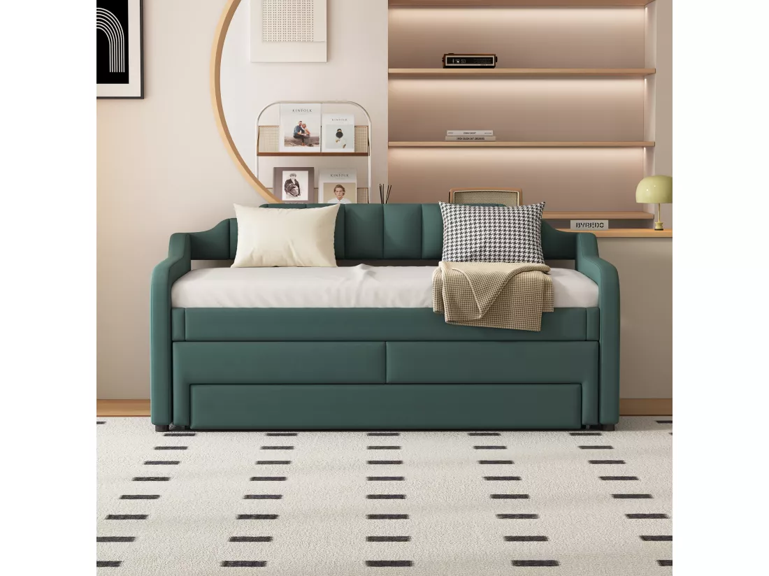 Lit banquette avec tiroirs rembourré en lin - 90x200cm + 90x190cm - Vert Sapin