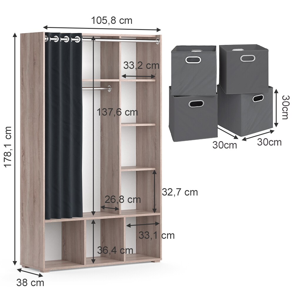 Vicco Kleiderschrank Schlafzimmerschrank Garderobe Luigi Sonoma Faltbox 106 x 178 cm modern Schrankregal Organizer Vorhang Kleiderstange Fächer Aufbewahrung Ablage