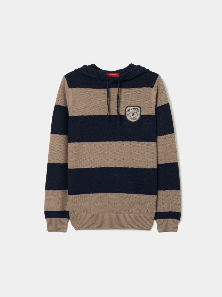 Camisola com capuz às riscas