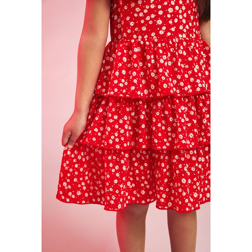 Robe volantée en maille imprimé fleurs pour fille - Rouge