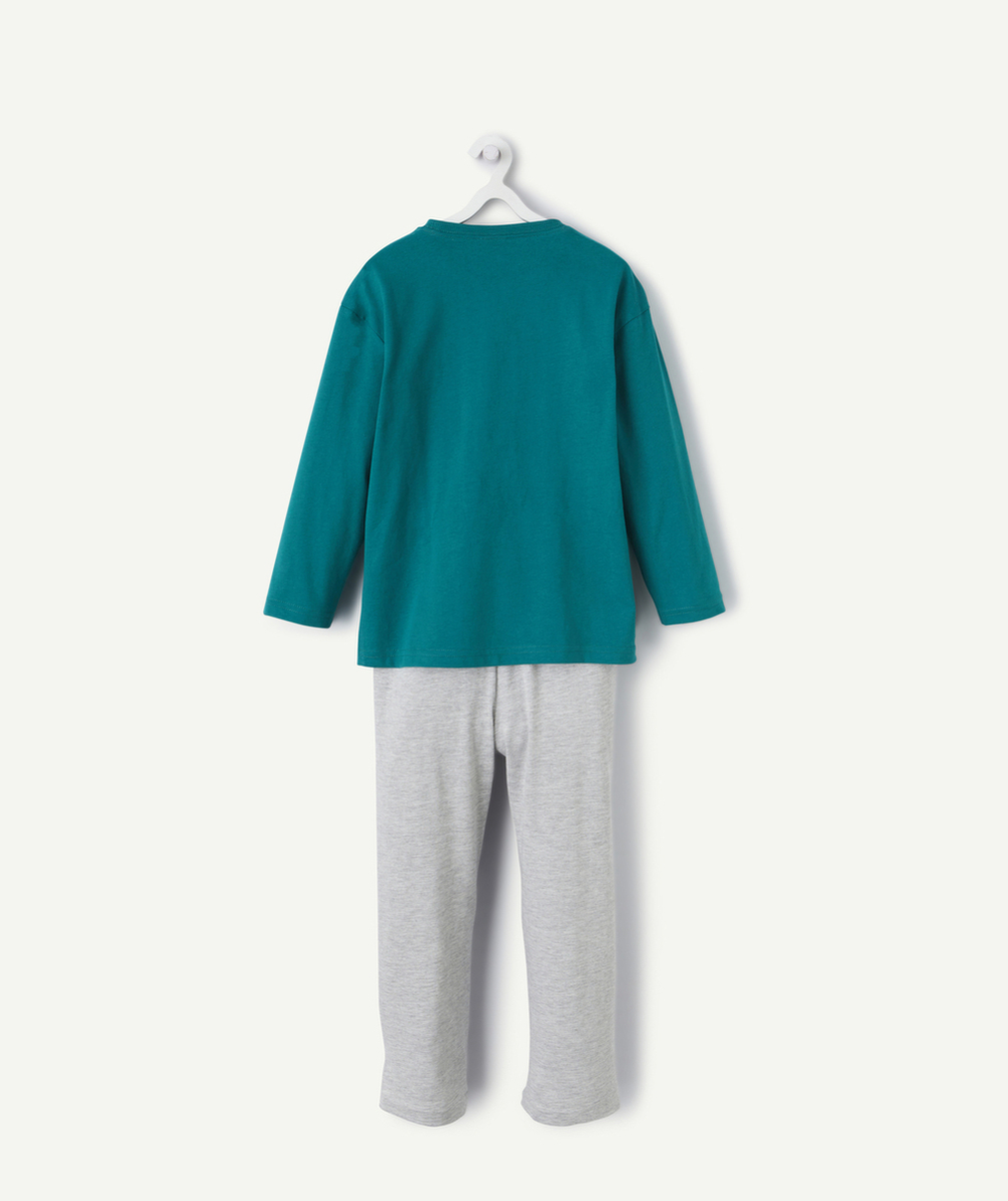 PYJAMA GARÇON EN COTON BIO VERT ET GRIS CHINÉ AVEC MESSAGES ET NUMÉROS