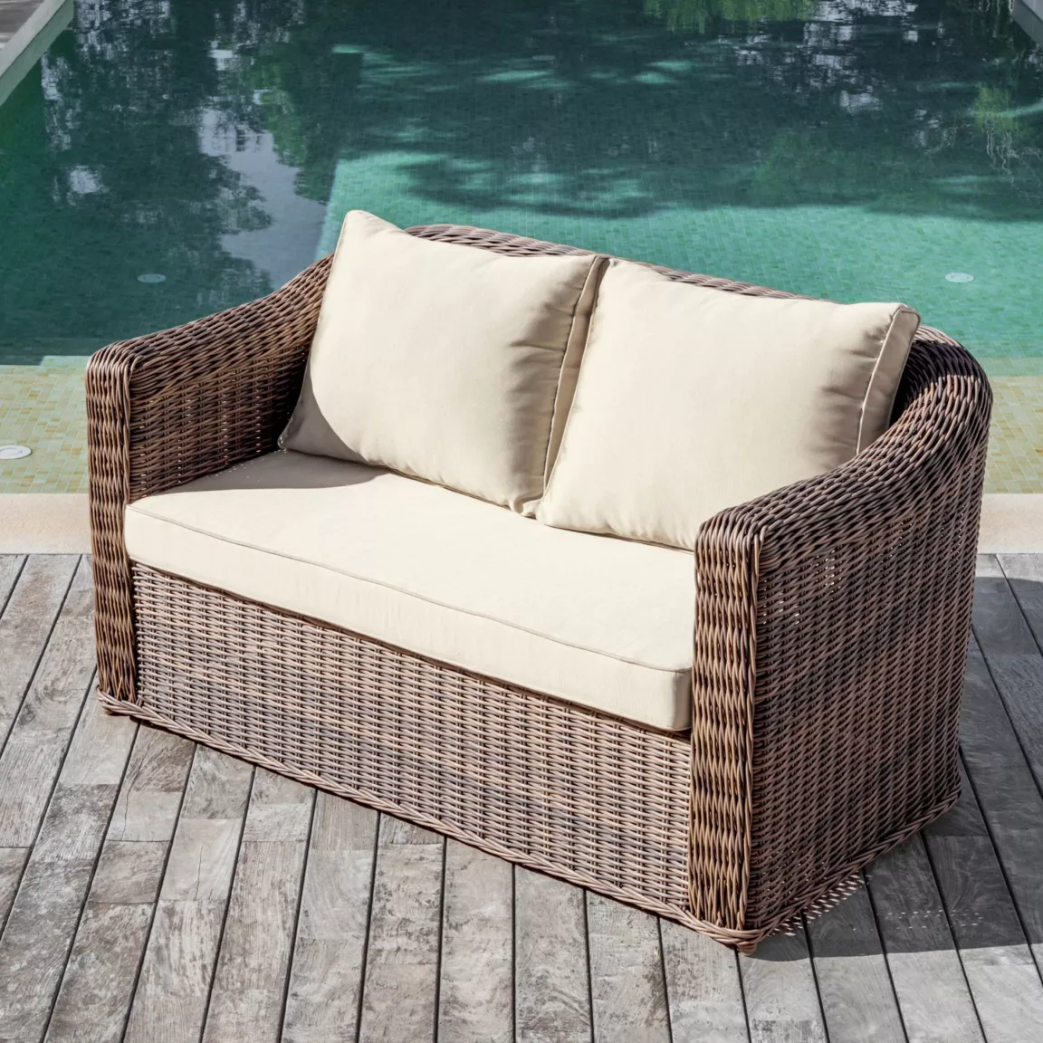 Canapé de jardin en résine tressée 2 places Calvi Sépia et beige