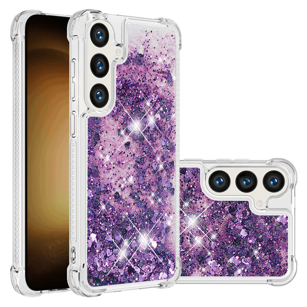 Samsung Galaxy S24 Hardcase Hülle mit Air Cushion Fallschutz Liquid Case Glitzer Herzen - Lila / Transparent