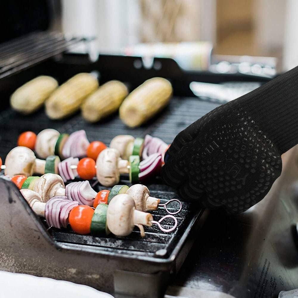 (1 Paar) Hitzebeständige BBQ Grillhandschuhe bis 800°C Ofenhandschuhe aus Aramidfasern (One-Size) - Schwarz