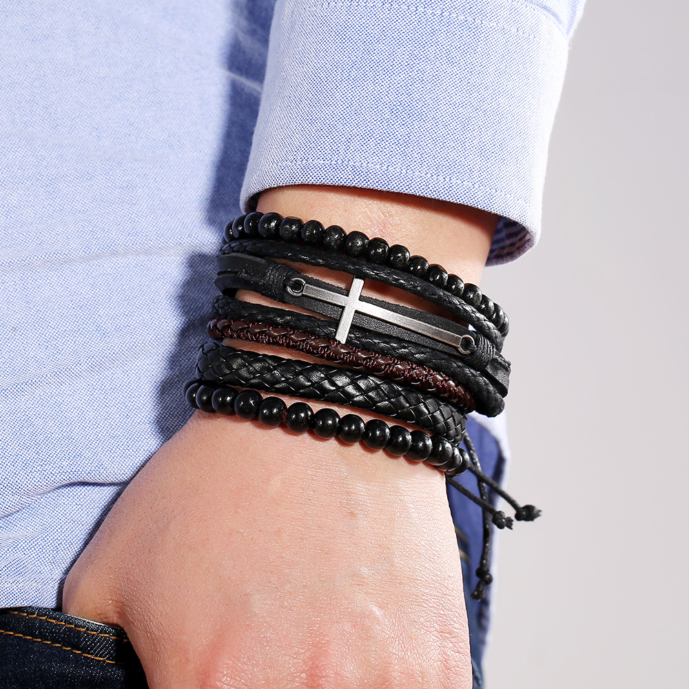 (7-tlg. Set) Mehrreihiges Leder Herren Armband Set Kreuz - Schwarz