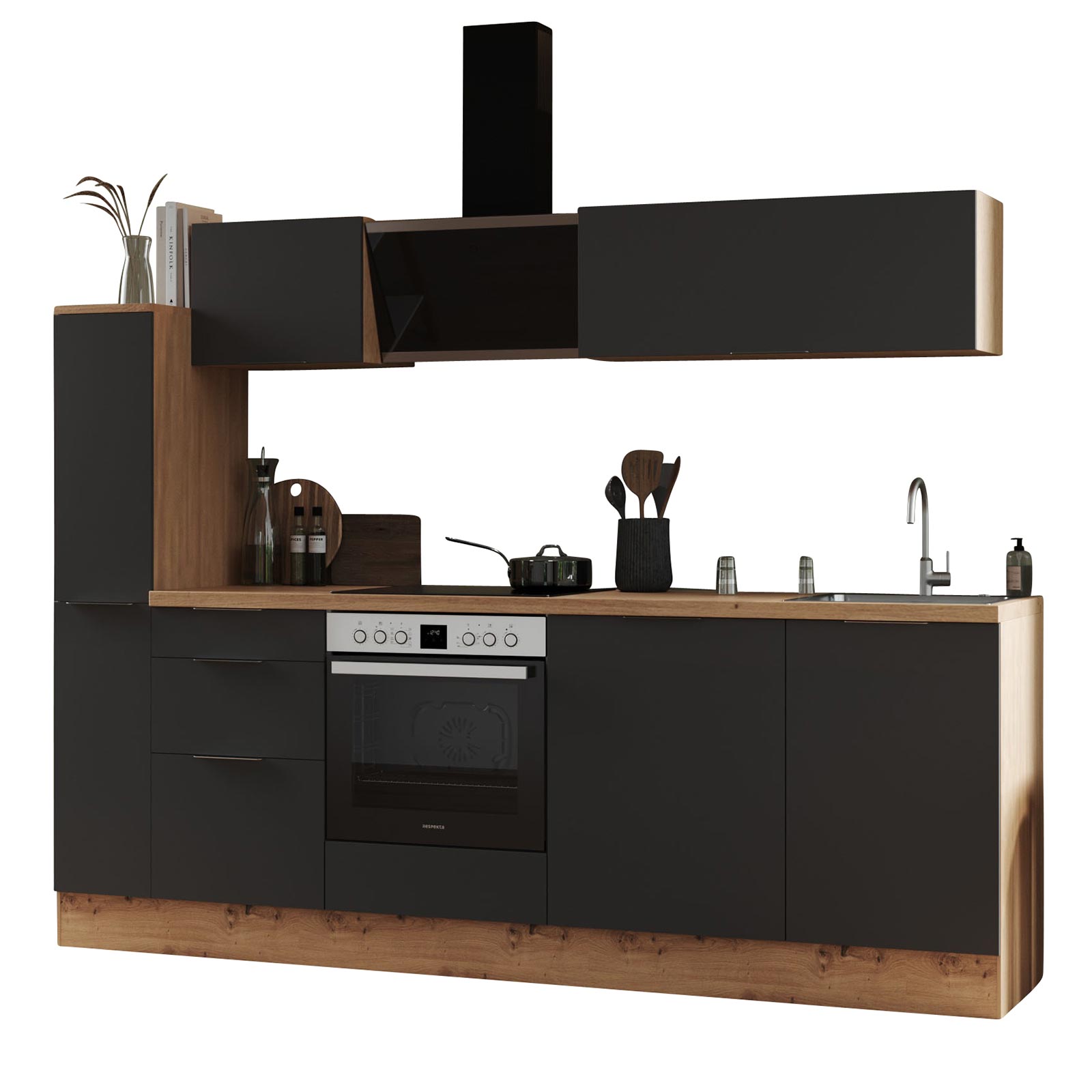 RESPEKTAKüchenblock - grau matt - Artisan Eiche - mit E-Geräten - 250 cm