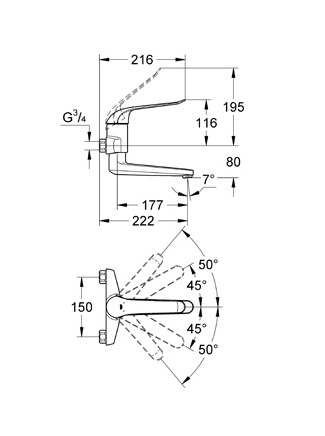Grohe Euroeco Special wandkraan z. koppelingen m. hendel 17cm HOH=15cm draaibare uitloop 21.9cm chroom