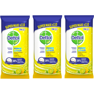 Dettol Power & Fresh Multi-Reinigingsdoekjes Sprankelende Citroen & Limoen Super Maxi 3 x 110 Stuks
