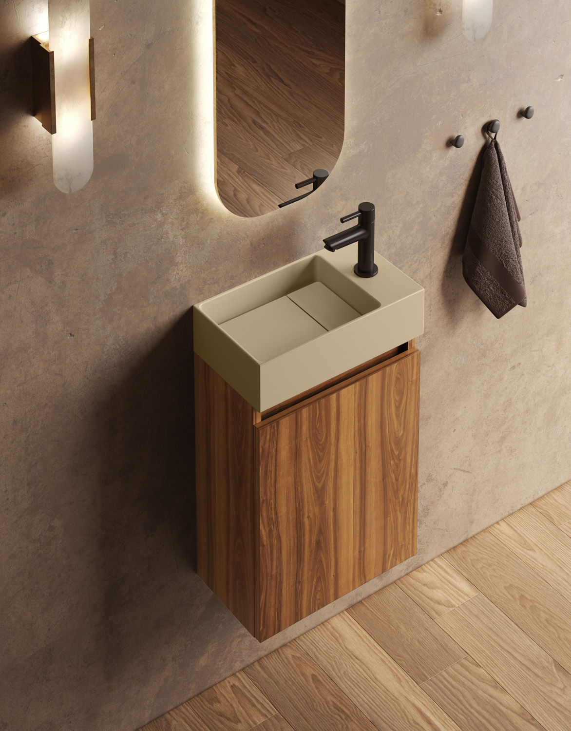 Fontana Itsie toiletmeubel walnoot 40cm met fontein in mat licht ivoor