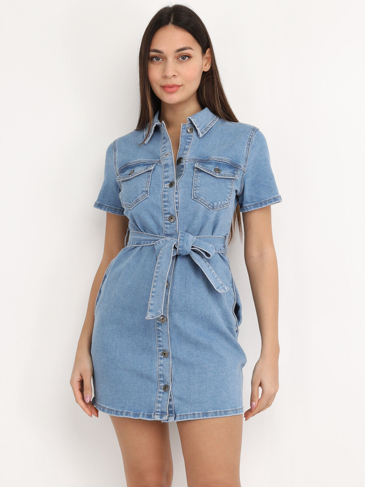Robe chemise denim ceinturée- Bleu
