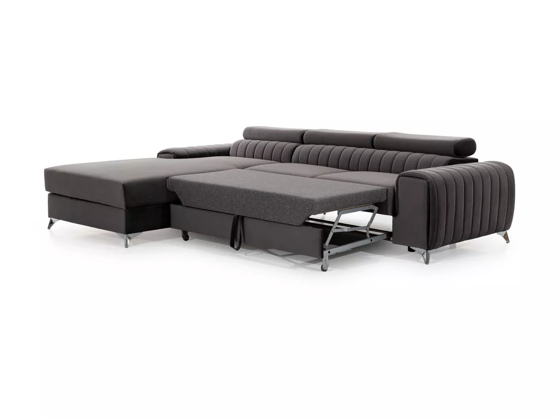 Canapé convertible angle gauche vintage tissu effet cuir noir Grenky 276cm