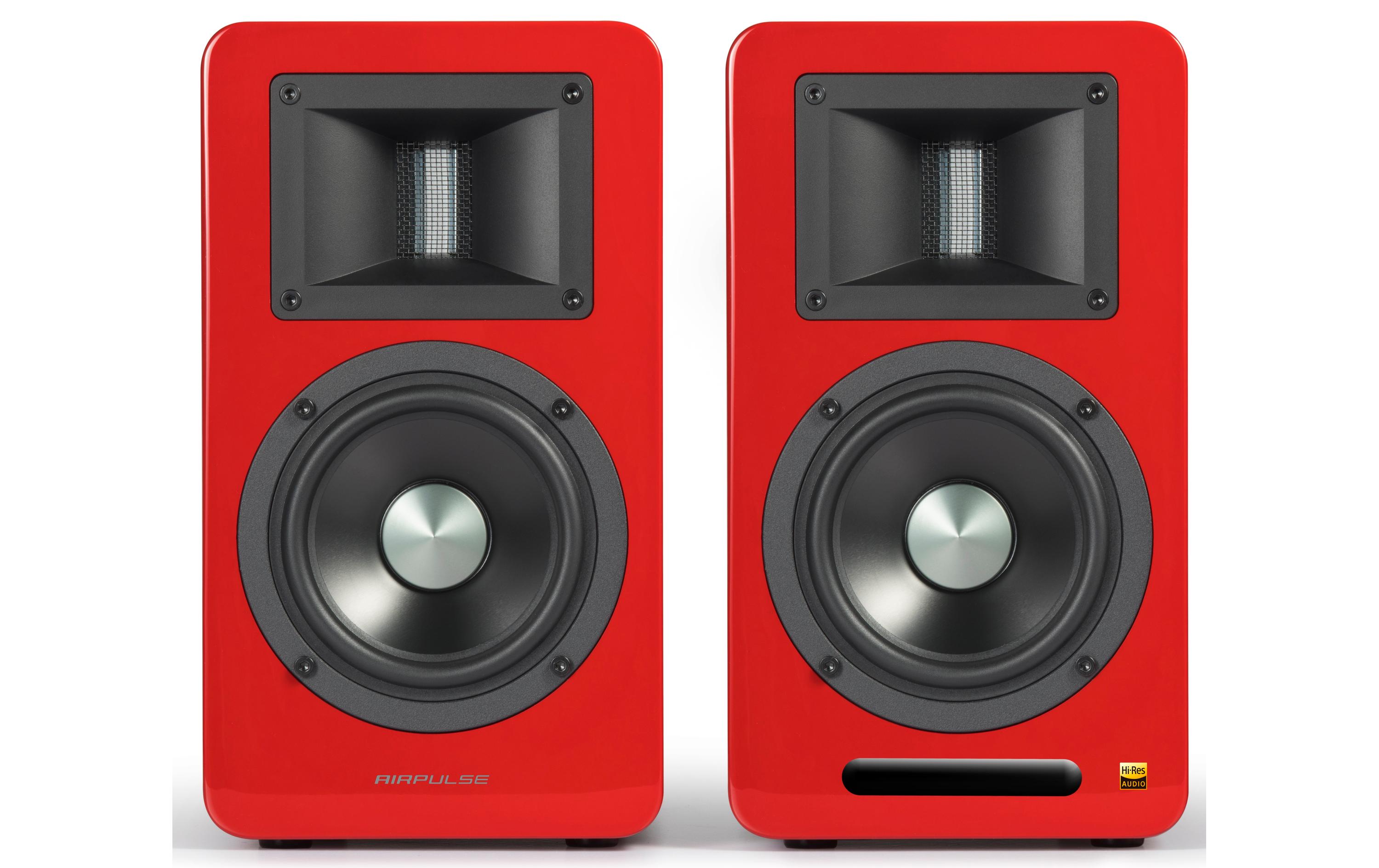 Regallautsprecher Paar Airpulse A100 Rot<br>Hi-Res Aktivlautsprecher mit Bluetooth und vielen Anschlüssen