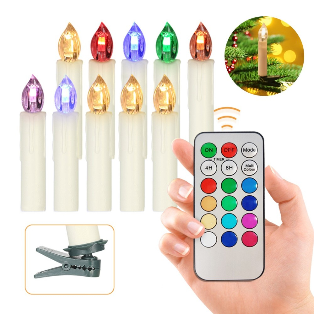 (10er Set) 10cm LED Weihnachtsbaum Kerzen Christbaum Beleuchtung inkl. Fernbedienung (Batteriebetrieben) - Bunt