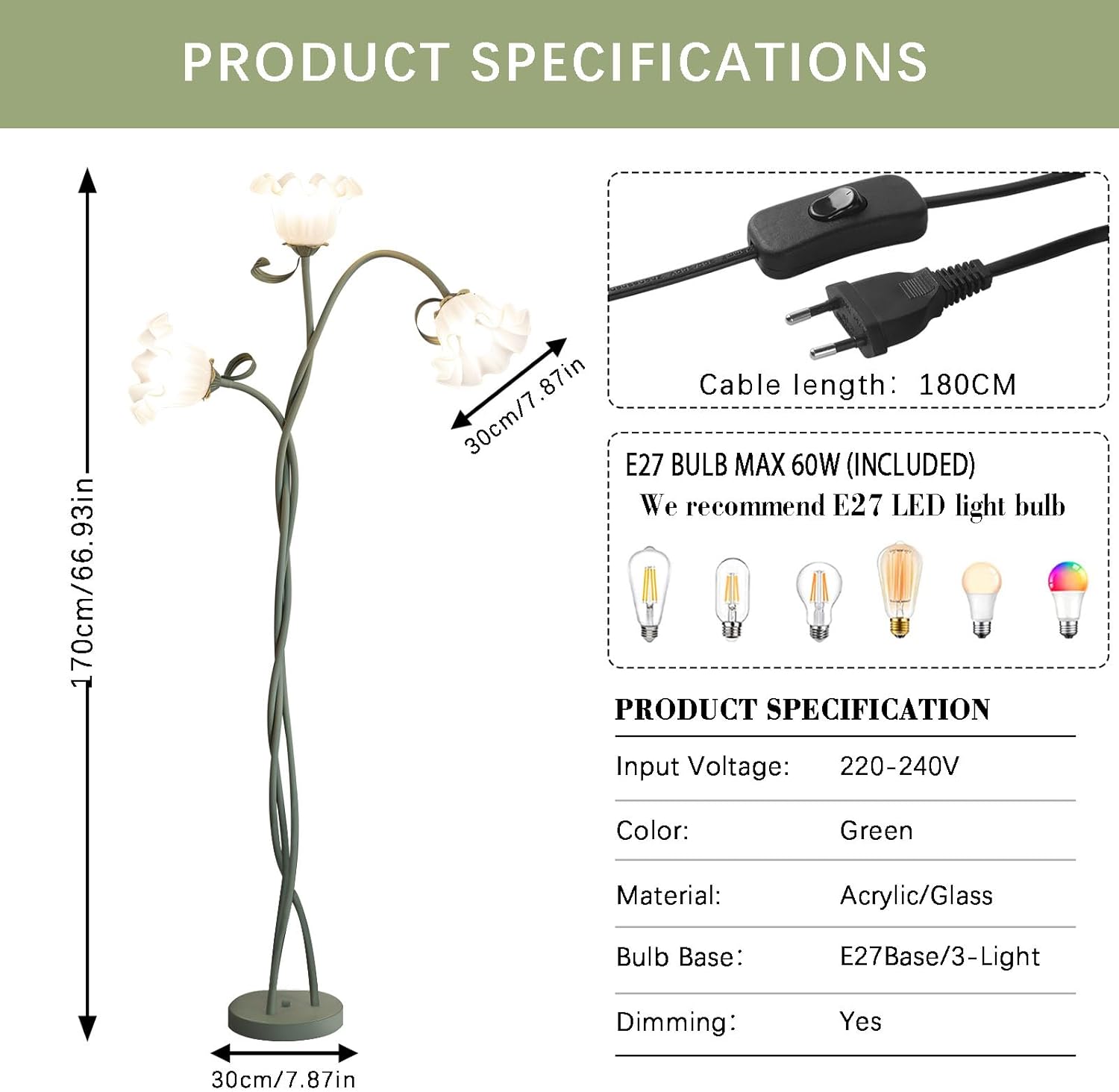 Blumen Stehlampe Wohnzimmer,Schwanenhals DIY Bogenlampe Standleuchte mit 3-Köpfe Rose,Flexibel Stehlampe Dimmbar Leselampe Studie,Modern Standing Floor Lamp für Schlafzimmer,BüRo,170Cm,Grün
