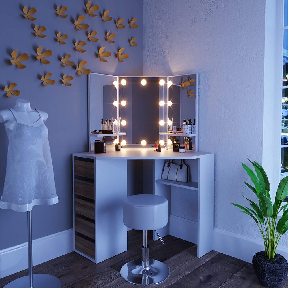 VICCO LED Eckschminktisch ARIELLE Kosmetiktisch Frisiertisch Weiß Eiche Hocker