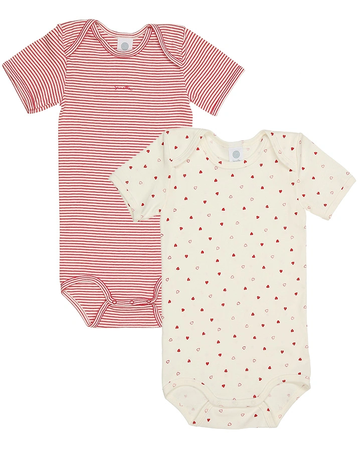 Kurzarm-Body HEARTS & STRIPES 2er-Pack in offwhite/rot