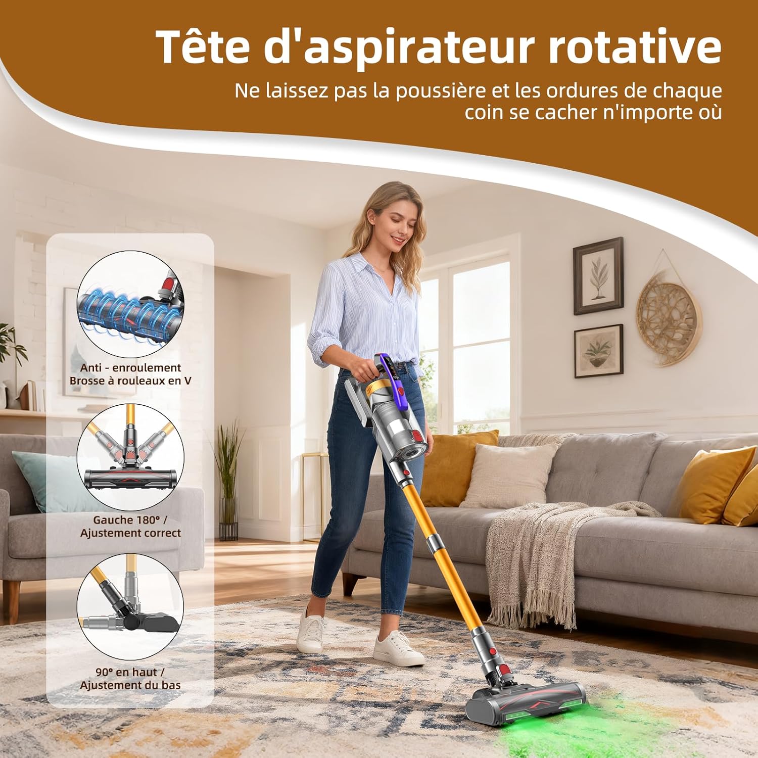 Akku Staubsauger, 58000Pa/550W/65Mins Staubsauger Kabellos mit LED Display und Anti Tangle Bürste, 1.8L Akkustaubsauger, Vacuum Cleaner für Tierhaare/Teppiche/Hartböden/Auto, Gold
