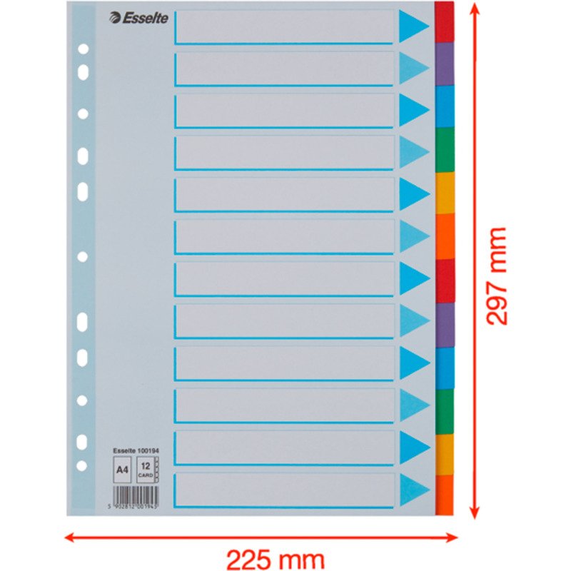 Intercalaires A4 carte colorée Esselte 12 onglets - 1 jeu