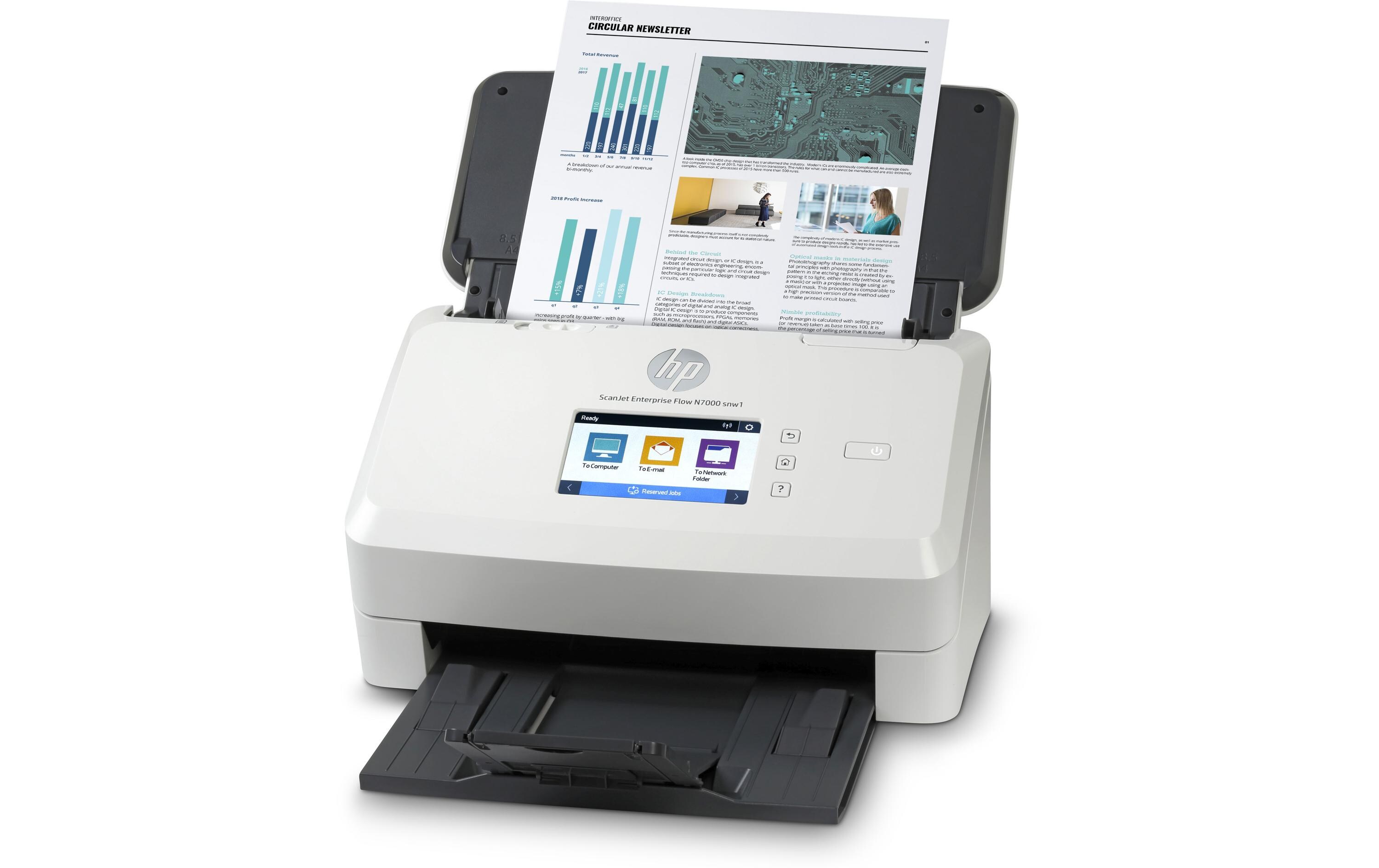 Dokumentenscanner ScanJet Enterprise Flow N7000 snw1<br>Scanner für kleine Unternehmen mit Netzwerkfunktionen sowie Touchdisplay zur Bedienung für Scanvolumen bis zu 7500 Seiten pro Tag