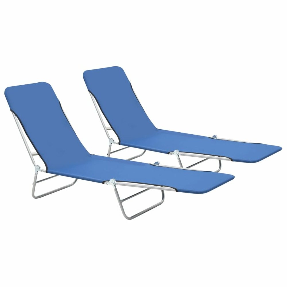 Lot deux chaises longues pliables acier et tissu bleu