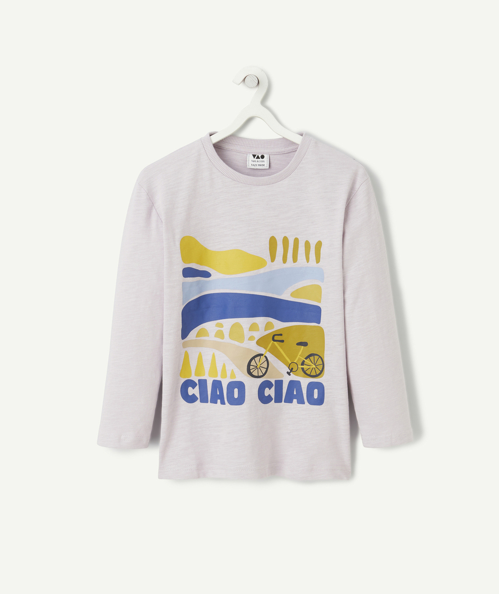 T-SHIRT GARÇON EN COTON BIO MAUVE AVEC MOTIF VÉLO ET MESSAGES CIAO