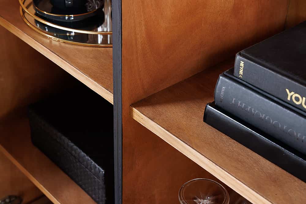 Design Highboard WAVE 120cm schwarz Mangoholz mit 3D Schnitzereien mattgold Metallbeine