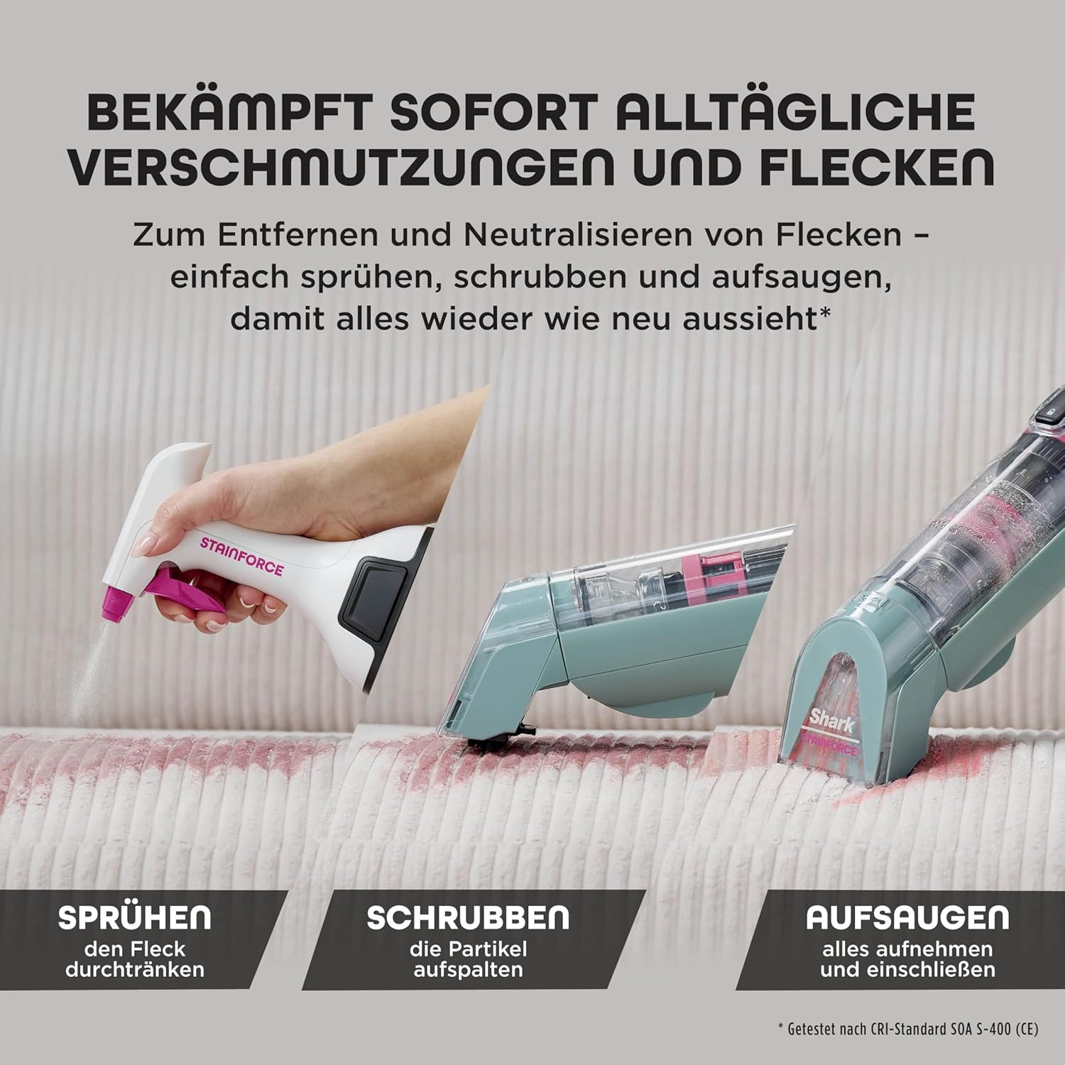 Shark StainForce Kabelloser Fleckenentferner, Tragbarer Flecken-, Waschsauger und Geruchsentferner für Teppichböden, Polstermöbel und mehr, mit Aufbewahrungsbox, Zubehör und 2 × Reiniger, HX100EUCP