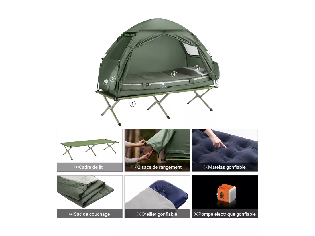 SoBuy Tente de Camping 4 en 1 Pliable Lit Surélevé, Toit, Sac de Couchage, Matelas Gonflable -1 Personne - Idéal pour Randonnée, Festival et Plein Air, OGS32-GR