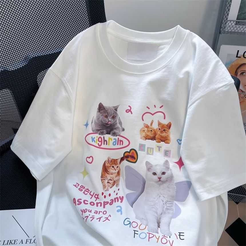 Bay Go Mall - T-shirt met korte mouwen, ronde hals en kattenprint