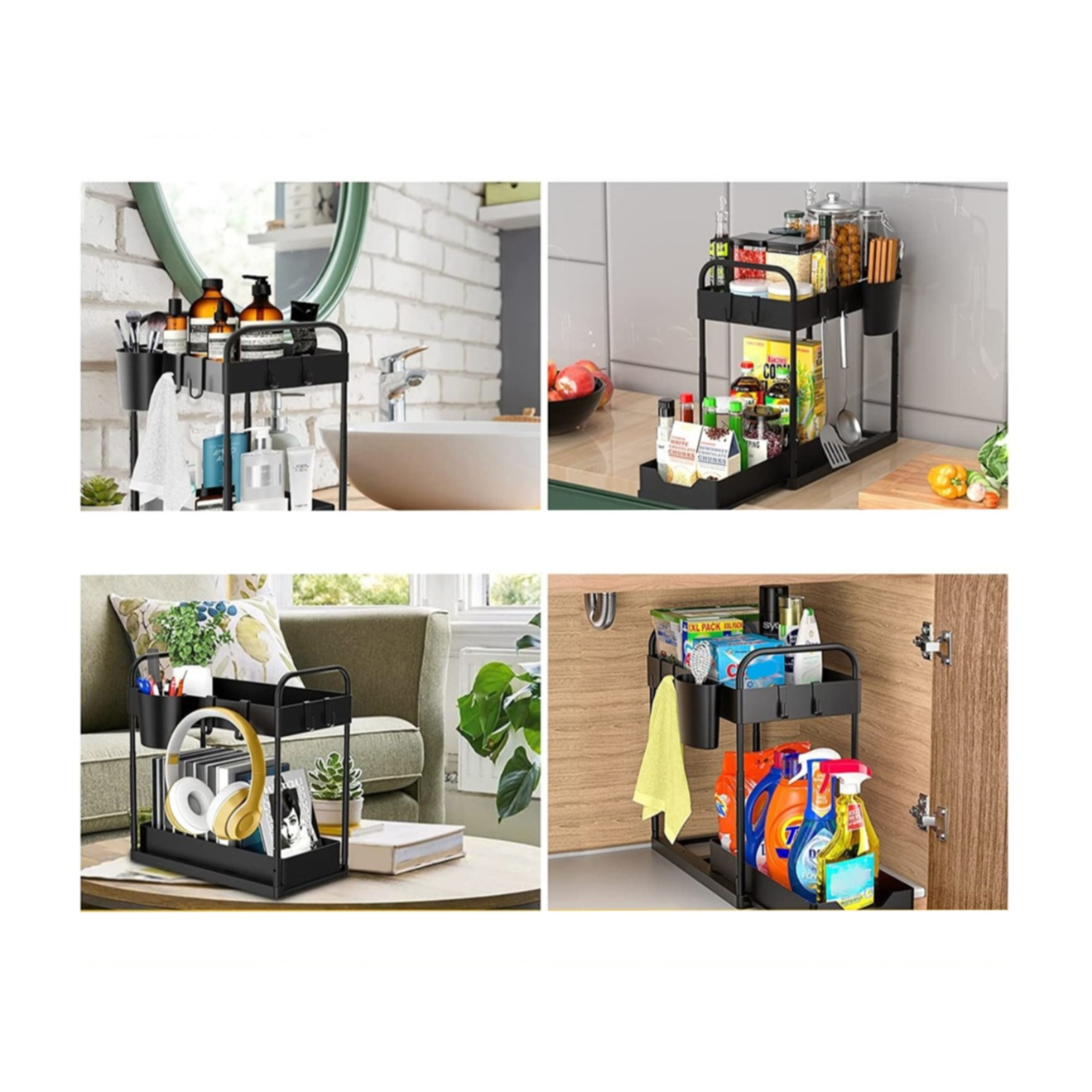 Waschbecken Unterschrank Regal Verstellbarer Spülschrank Küchen Organizer mit Schubfach für Lebensmittel / Reinigungsmittel / Kosmetik - Schwarz