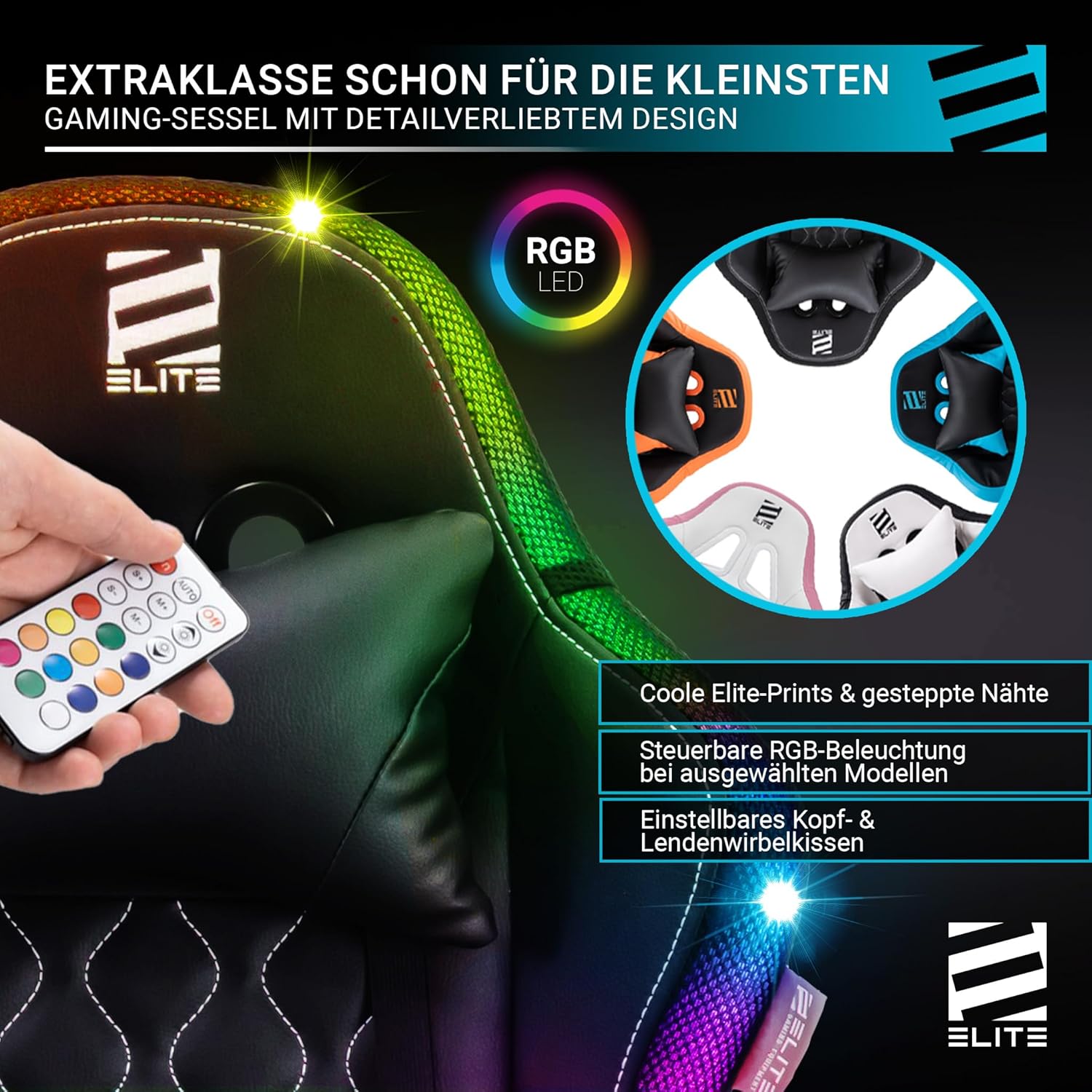 ELITE LED Gaming Stuhl Pulse für Kinder | Ergonomischer Bürostuhl - Schreibtischstuhl - Chefsessel - Sessel - Racing Gaming Stuhl - Gamingstuhl - Drehstuhl - Chair - Kunstleder (Schwarz/Weiß RGB)