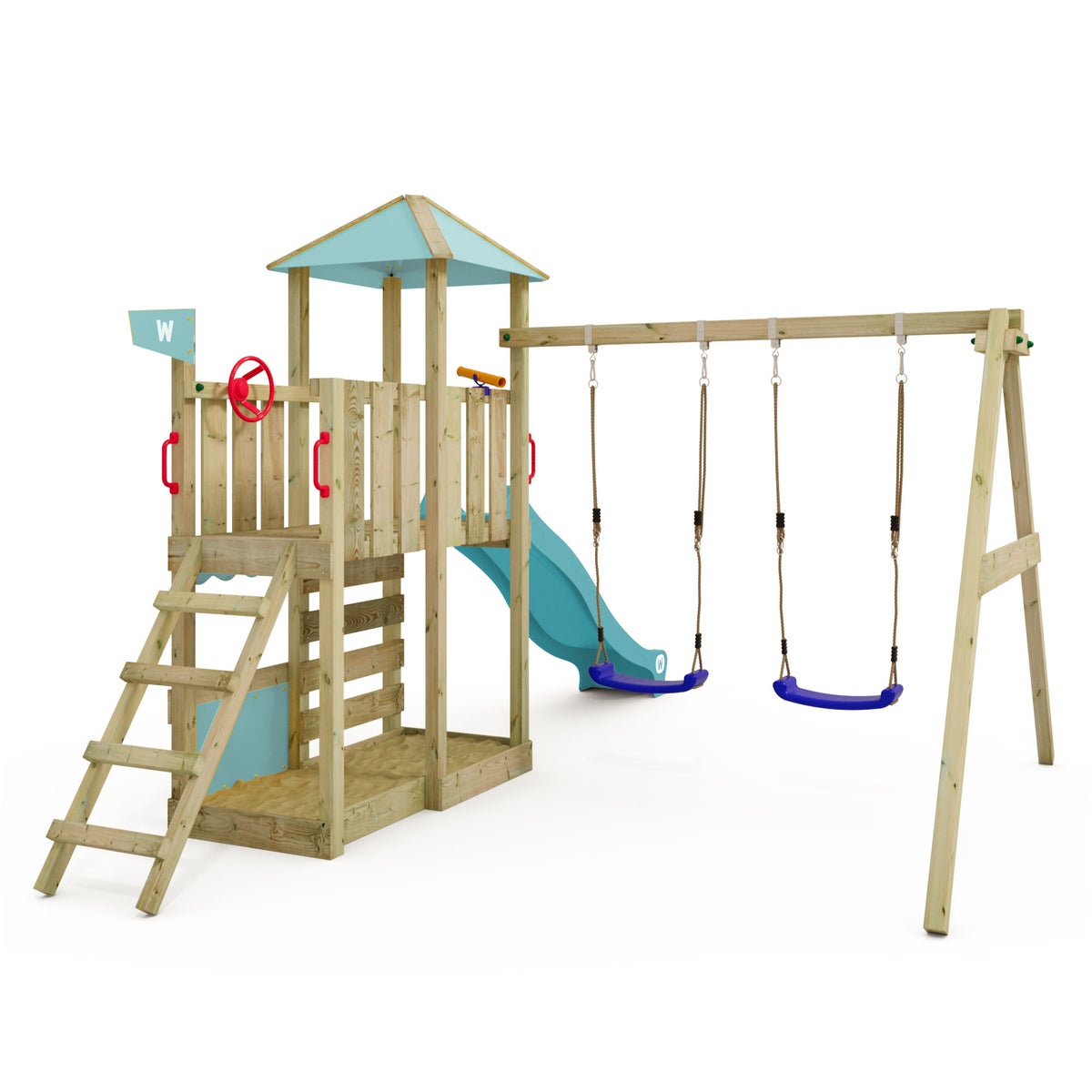 WICKEY Smart Savana speeltoren klimtoestel met schommel en glijbaan, speelhuis met klimladder en speelaccessoires – pastelblauw