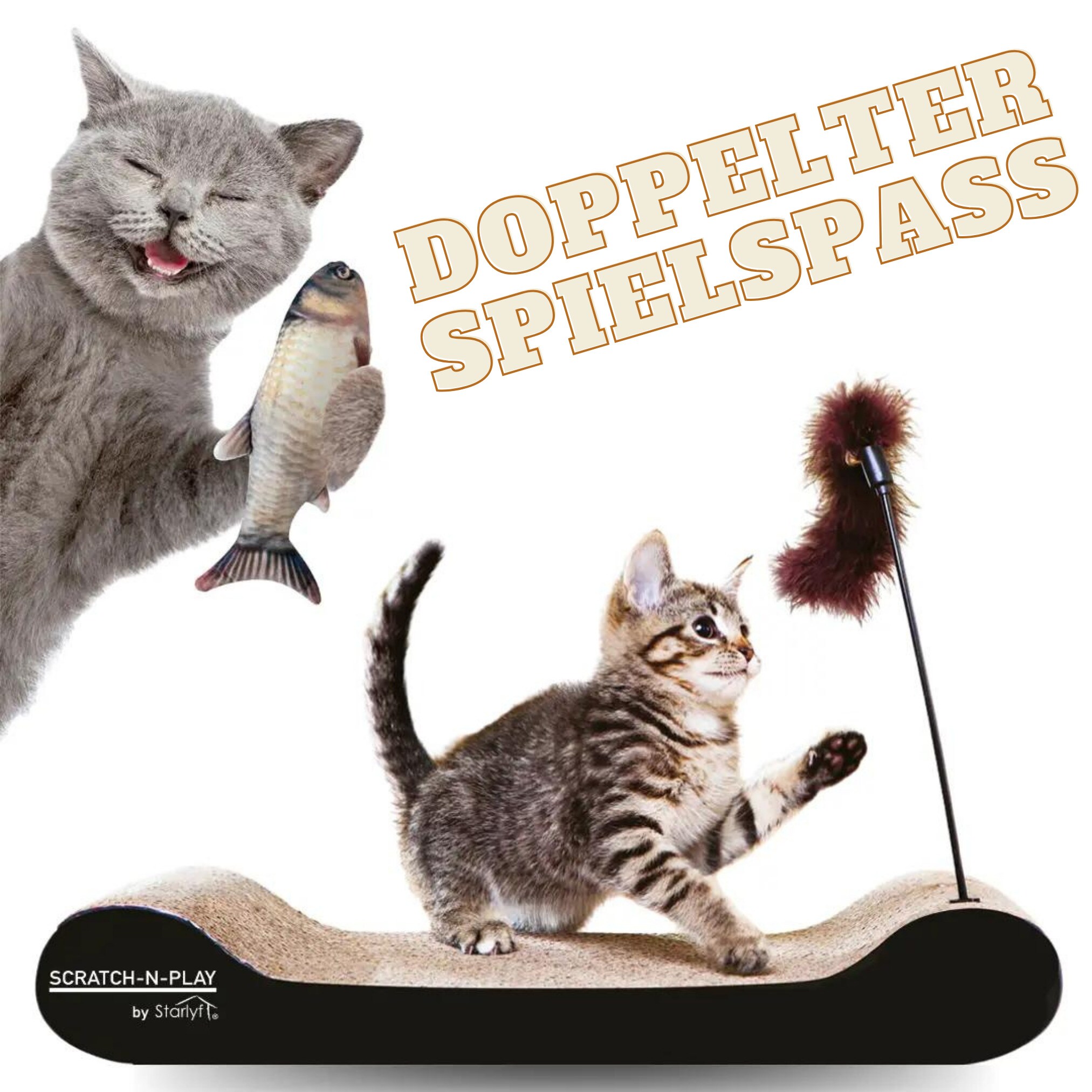 Best Direct® Set Katze - Katzenspielzeug zappelnder Fisch & Kratzpappe Magic Fish & Scratch N Play