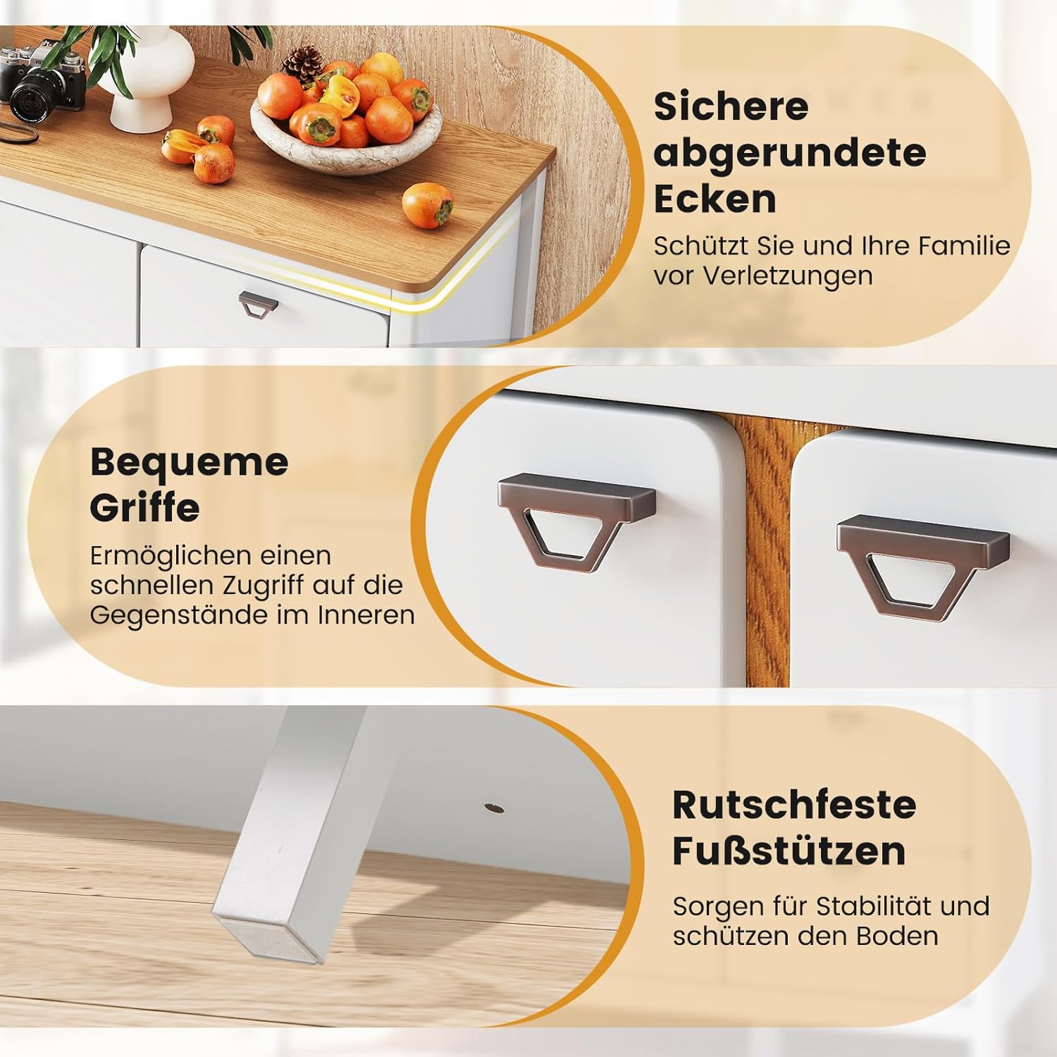 COSTWAY Küchenschrank mit 2 Türen & 3 Schubladen, Sideboard aus Holz, Buffetschrank freistehend mit verstellbaren Regalen, Aufbewahrungsschrank für Wohnzimmer, Esszimmer, 106 x 40 x 80 cm, Weiß